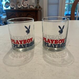 Vintage red, white, and blue Playboy logo lowball glasses set. Set of 2. GUC!